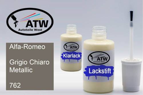 Alfa-Romeo, Grigio Chiaro Metallic, 762: 20ml Lackstift + 20ml Klarlack - Set, von ATW Autoteile West.